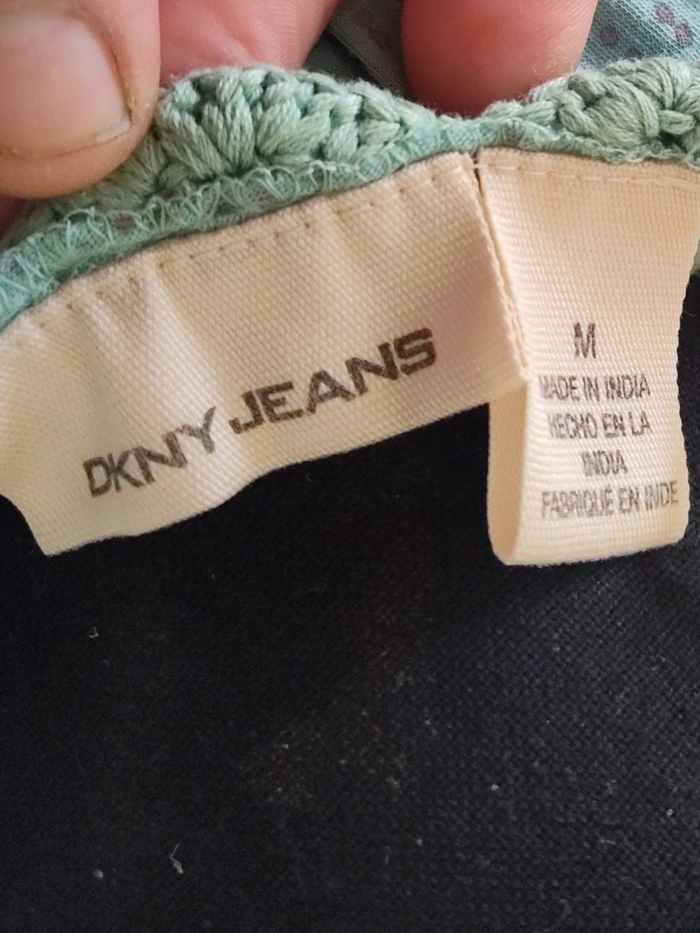 Vintage Y2K DKNY Pale Turquoise Smocked Scoop-Neck Women's Top with Crochet Trim - Picture 4 of 5